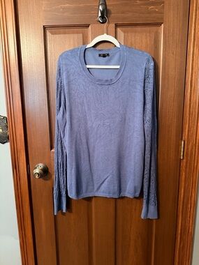 Long-Sleeve Lace-Detail Crewneck Top in Dusty Blue